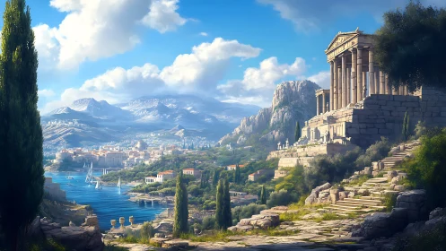 Sunlit mythic harbor beneath towering marble temples.