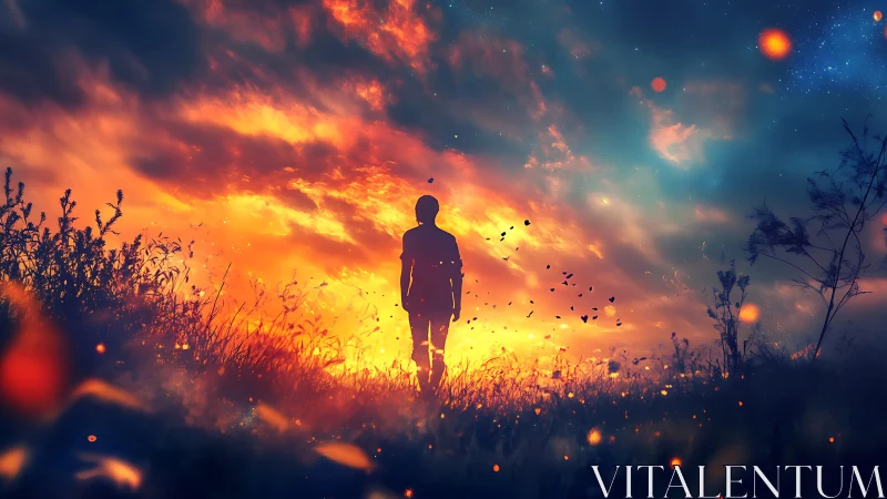 Solitary dreamer walking into a glowing, endless sunset sky.