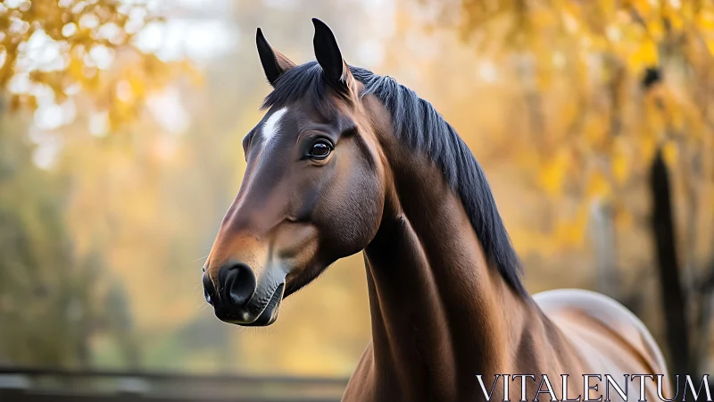 Bay horse gazes calmly in a soft autumn woodland setting.