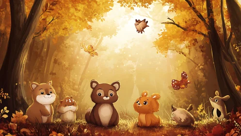 Woodland Creatures Gathering in Golden Autumn Forest Clearing
