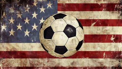 Aged soccer ball intersects distressed American flag field