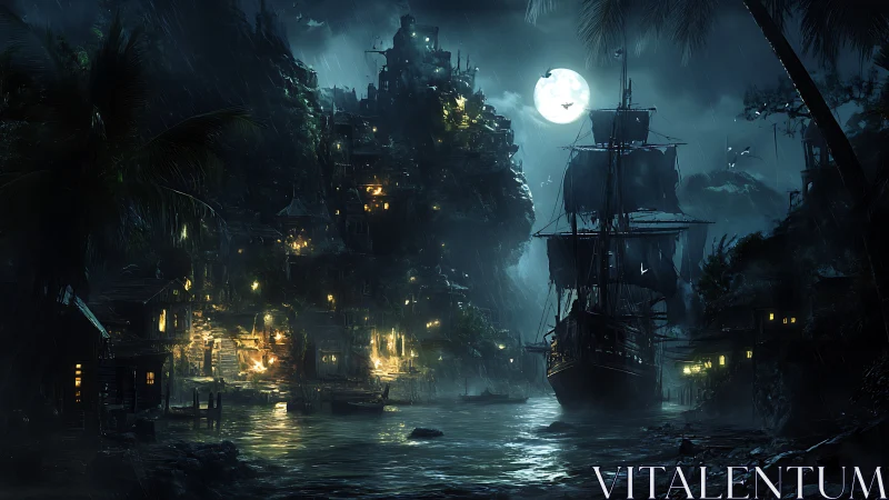 Dark Fantasy Harbor City with Moonlit Pirate Ship