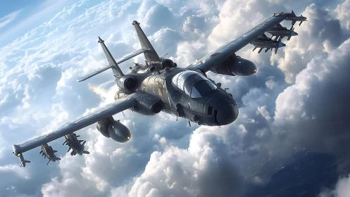 Armed attack aircraft flying through dense cloud layer.