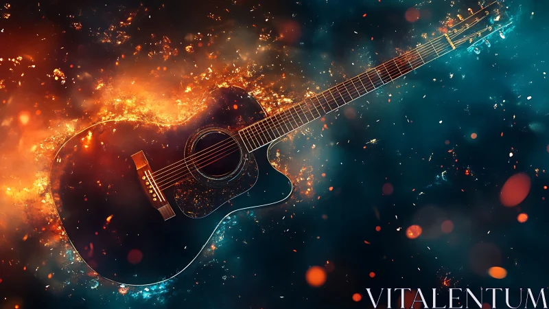Fiery acoustic guitar floats boldly in glowing cosmic sparks