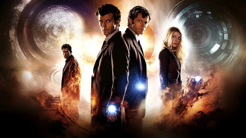 Three suited figures stand amid cosmic vortexes and fire