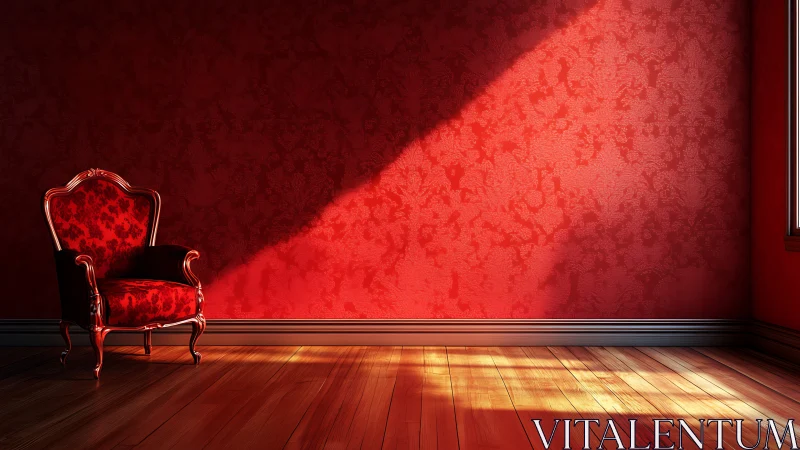 Sunlit red velvet armchair in ornate interior with hardwood floor