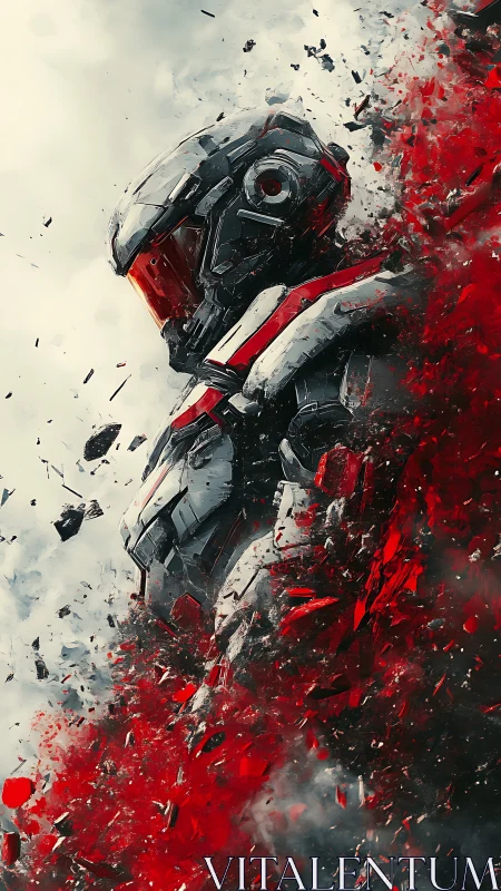 Futuristic armored figure amid fragmented red shards.
