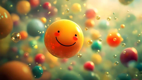 Cheerful Smiling Balloon Amid Colorful Floating Spheres, Digital Art.