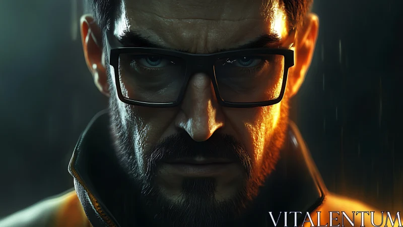 Searing resolve blazes behind cold, rain-specked glasses