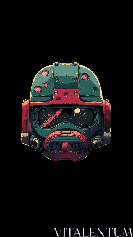 Battle-scarred space helmet floats in neon voided silence.