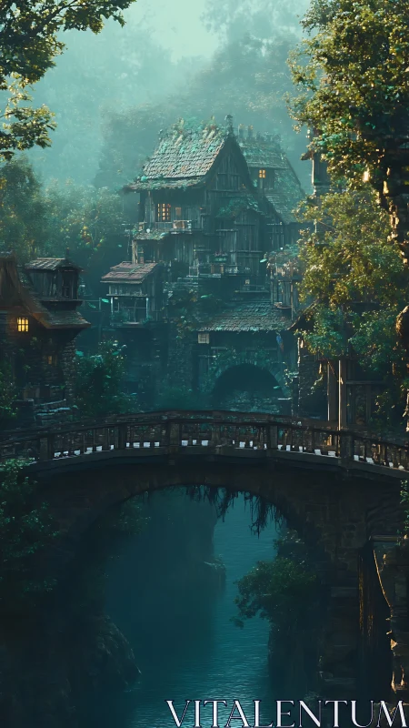 Foggy river bridge beneath tiered fantasy timber village