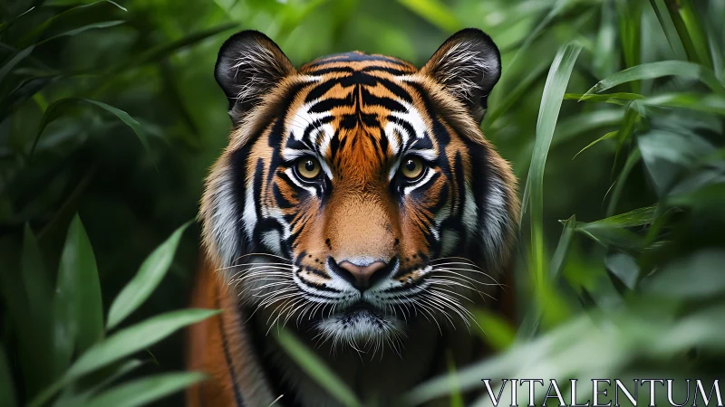 Tiger portrait emerging from dense green jungle foliage.