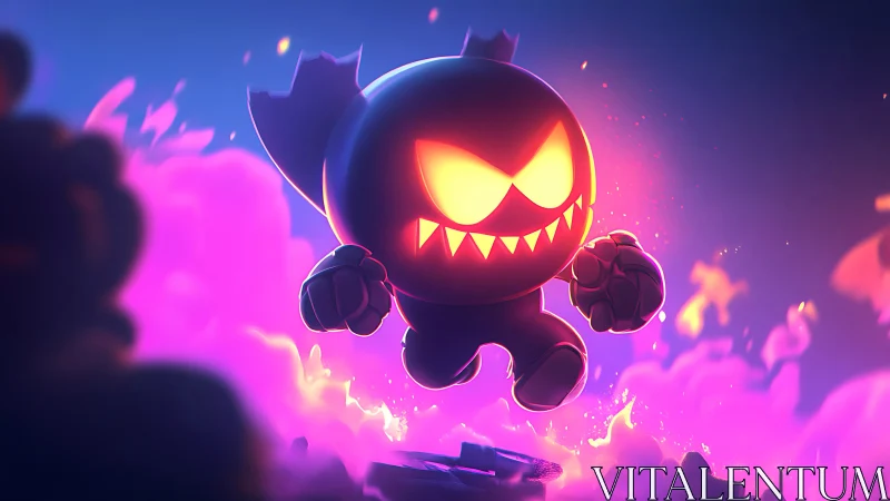 Digital painting of glowing villain mascot in neon chaos field.