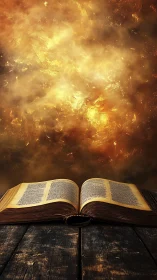 Ancient open scripture before blazing celestial light.