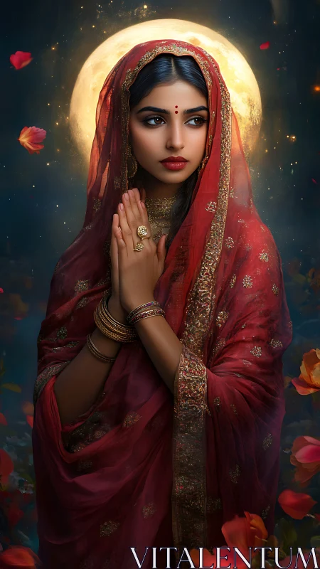 Woman in red saree before full moon with folded hands.