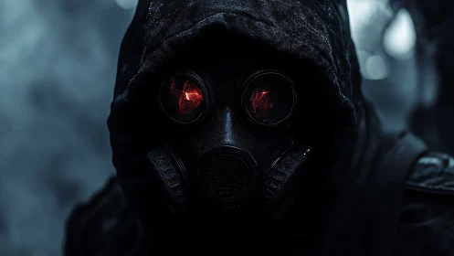Hooded figure in gas mask with red glowing lenses at night.