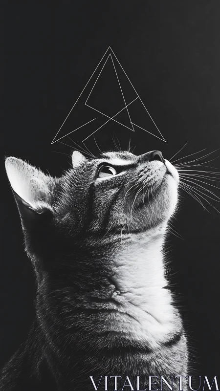 Cat Looking Up at Geometric Triangle Shape