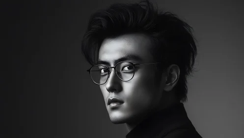 Moody monochrome portrait of man with reflective glasses.