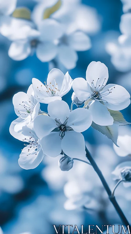 White flowering blossoms with selective focus against blue tonal background.