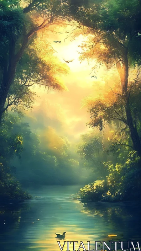 Sunlit forest river with duck beneath glowing canopy.