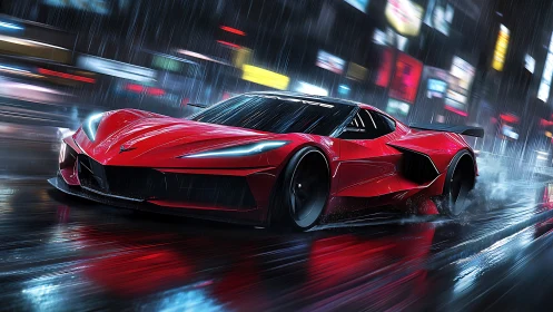 Crimson hypercar slicing through neon city rainstorm streets.