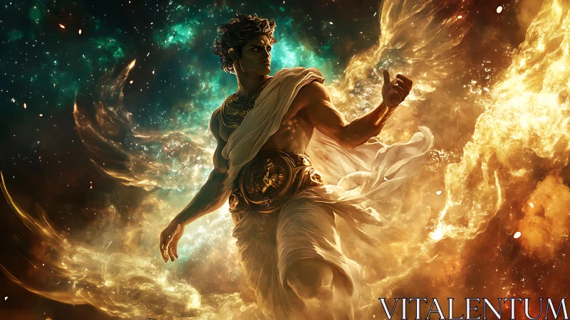 Mythic male figure in luminous cosmic cloudscape scene.