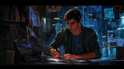 Young man studies at cluttered desk in night city room