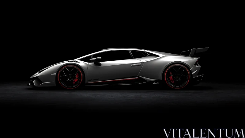 Silver performance supercar in dark studio side profile.