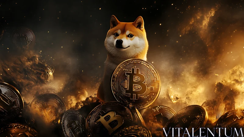 Shiba dog amid glowing bitcoin coins in cosmic storm.