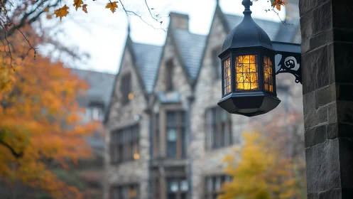 Wall-mounted lantern before stone building in autumn.