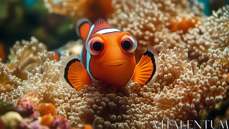 Bright clownfish peeks out playfully from soft coral home