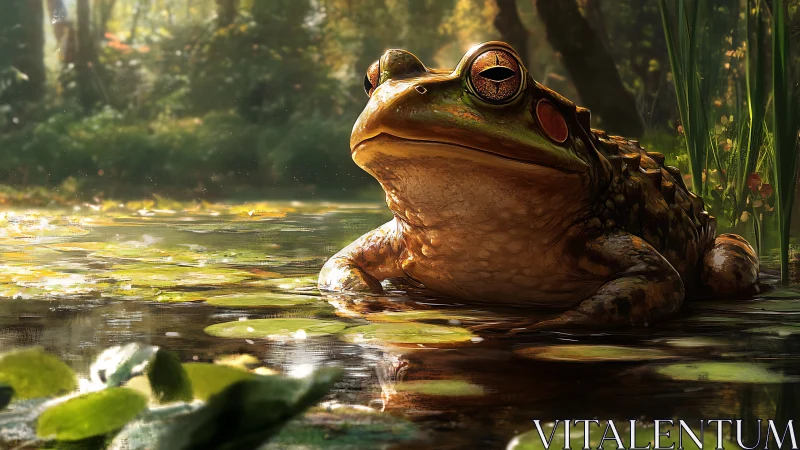 Pond philosopher frog basking in liquid morning sunlight.
