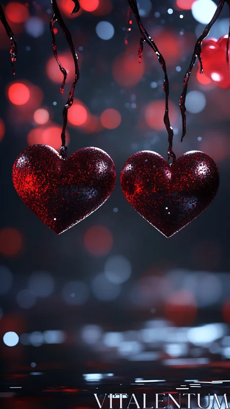 Two red glitter hearts suspended by dark branches with bokeh lights