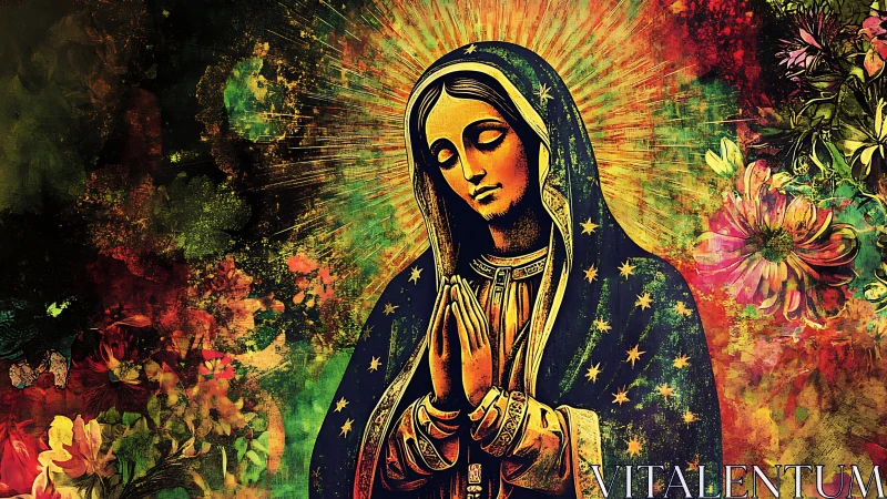 Haloed serenity leans into a storm of wild painted blossoms