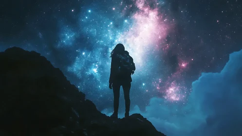 Silhouetted hiker observes high-contrast galactic nebula sky