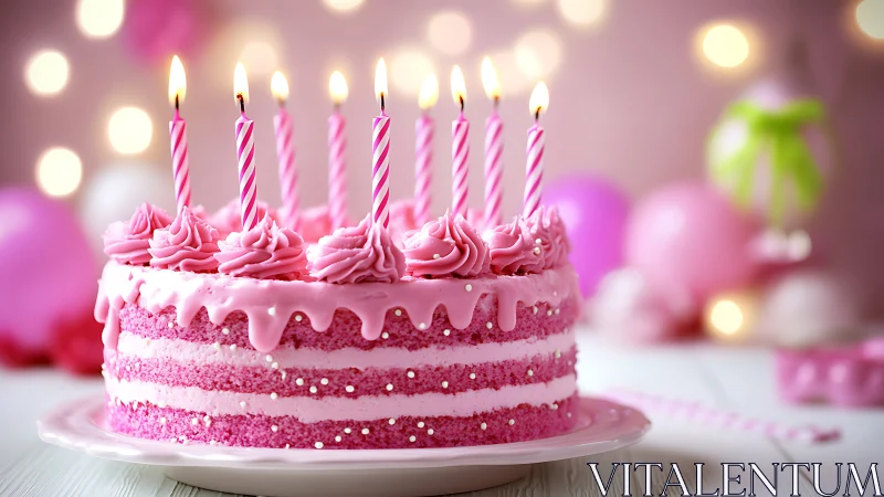 Layered Pink Birthday Cake with Spiral Candles and Bokeh Lighting.
