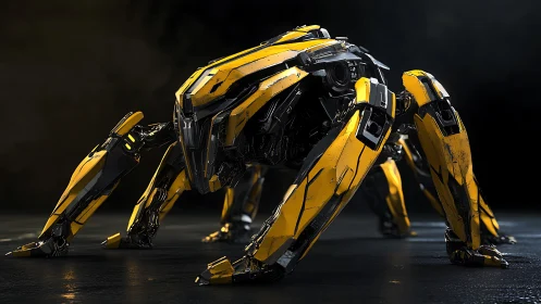 Quadrupedal yellow combat mech with high-gloss chassis.