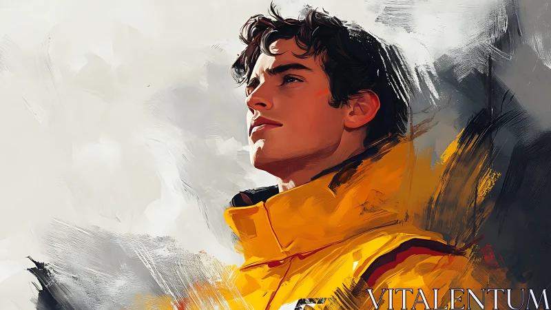 Vivid portrait of confident youth in yellow jacket profile.