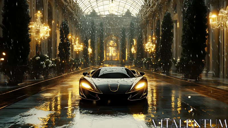 Gleaming supercar idles in a rainlit glass palace hallway.