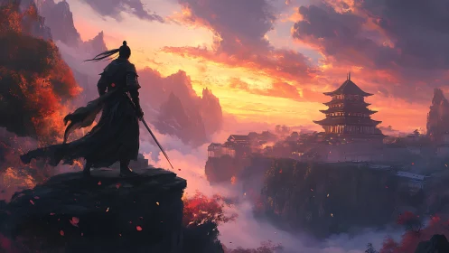 Samurai silhouette overlooking temple at cinematic sunset.