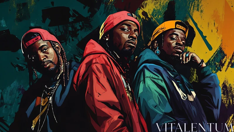 Urban hip hop trio in bold digital street art portrait.
