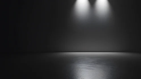 Minimalist black room with triple overhead spotlights aglow.