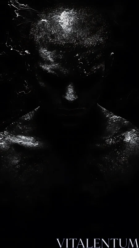 Shadowed figure glows with subtle light in deep darkness