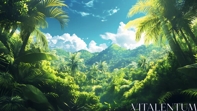 Tropical Jungle Valley Framed by Dense Palm Canopy