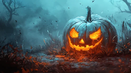 Glowing jack o lantern smiling boldly in a misty forest.