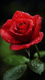 Red Rose with Dewdrops Against Dark Background