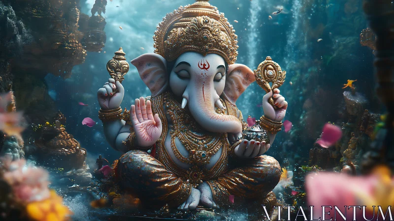 Underwater Ganesha deity rendered in ornate 3D cinematic detail