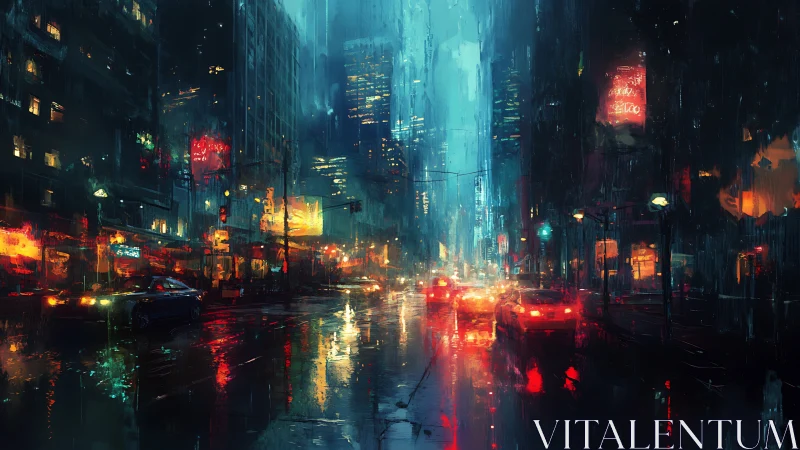 Rain-slick neon avenue with reflective urban light dynamics.