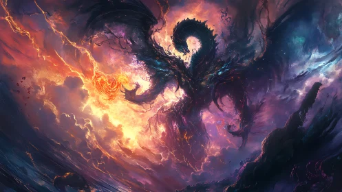 Mythic storm dragon dancing through a blazing sky portal.