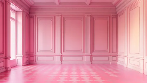 Monochromatic pink neoclassical interior with panelled walls
